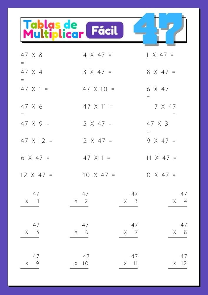 Imágenes con ejercicios para imprimir de la tabla del 47